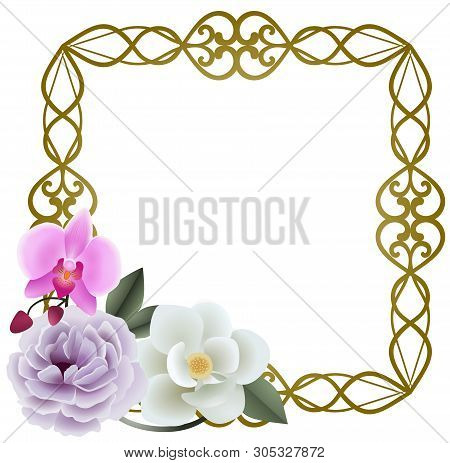 Gold Decorative Frame With Pink Orchid, Violet Peony And White Magnolia