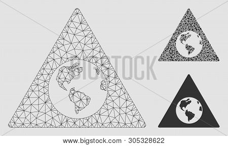 Mesh Earth Warning Model With Triangle Mosaic Icon. Wire Frame Polygonal Mesh Of Earth Warning. Vect