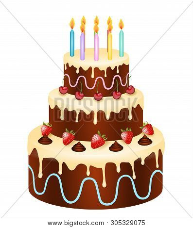 Birthday Cake With Coloful Candles, Cherries And Strawberries Illustration