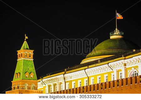Moscow, Russia - May, 20, 2019: Flag of Russia over the Kremlin which serves as the residence of the Russian power