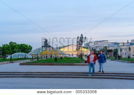 Manezhnaya square, Moscow, Russia - May, 20, 2019: Manezhnaya square in Moscow at sunset