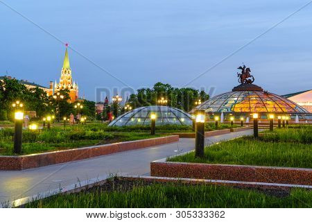 Manezhnaya square, Moscow, Russia - May, 20, 2019: Manezhnaya square in Moscow at sunset