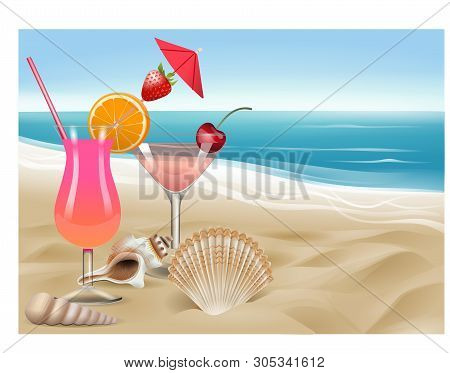 Cocktails And Shells On The Beach Illustration