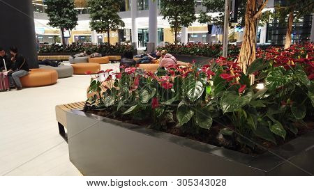 Istanbul, Turkey - April 19, 2019: Round View Of Relaxing In Waiting Room Of Istanbul Airport. The I