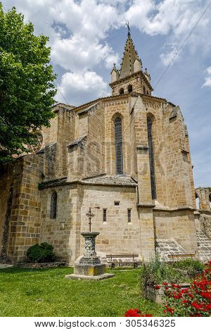 Church Of Saint Andrew In The French Village Square Of Alet Les Bains In Aude, Occitania In The Sout