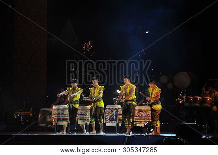 Bangkok, Thailand - 28 May 2019 : Artiste Have Drum Performance  Are Hit Local Ancient Drum And Cult