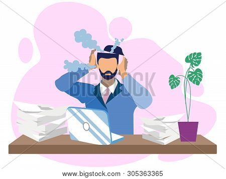 Metaphor Of Entangled Reworked At Overwork. Male Businessman, Earned On The Desktop. Boils Head In M