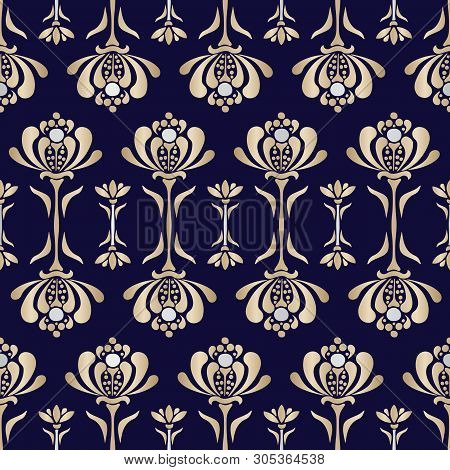Gold Lacey Baroque Style Stylized Water Lilies Vector Seamless Pattern. Floral Luxurious Background 