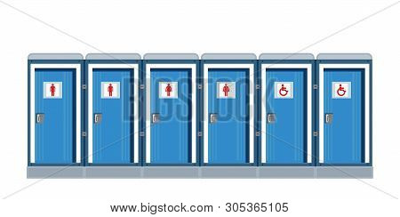 Bio Mobile Toilets Isolated One White With Mens And Womens Disabled Restroom Signage Set Vector Illu