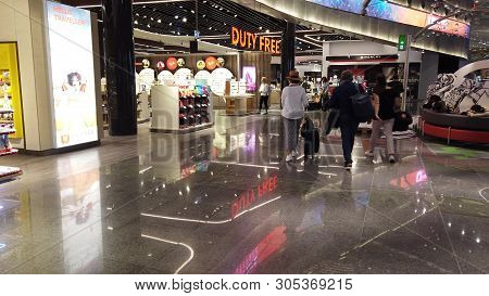 Istanbul, Turkey - April 19, 2019: People Walking And Shopping In The Stores Of Duty Free Area In Ne