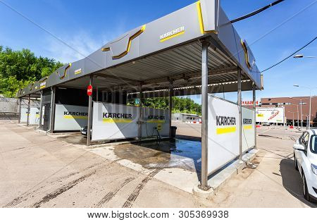 Samara, Russia - June 1, 2019: Car Wash Self-service In Summer Day. Modern Car Washing Station