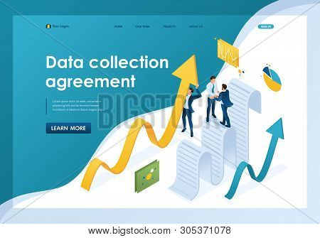 Isometric Data Collection Agreement, Businessmen Collect Information And Structure It. Template Land