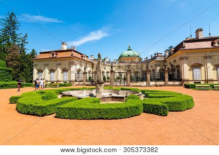 Buchlovice, Czech Republic - 2.6.2019: Tourists Are Walking Near Buchlovice Castle Chateau. Beautifu