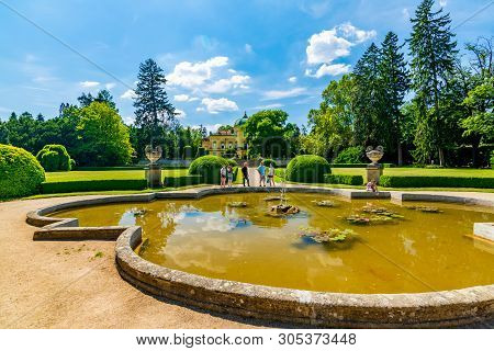 Buchlovice, Czech Republic - 2.6.2019: Tourists Are Walking Near Buchlovice Castle Chateau. Beautifu