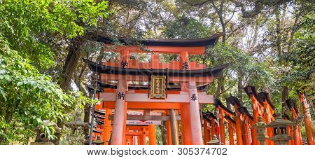 Kyoto, Japan - March. 22, 2019: Awesome And Beautiful Senbon Torii In Fushimi Inari Taisha Shrine Te