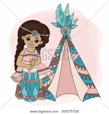 Girl Wigwam American Native Pocahontas Indian Princess Home Vector Illustration Set For Print Fabric