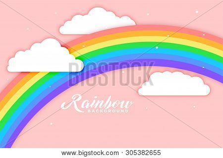 Arched Rainbow With Cloud Pink Background Vector Illustration