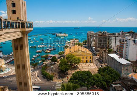 Lacerda Elevator And All Saints Bay Baia De Todos Os Santos In Salvador, Brazil.