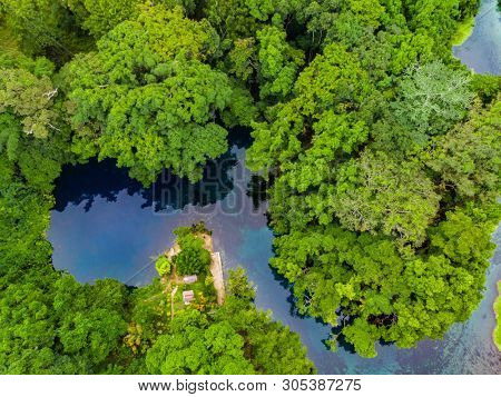 Drone view of Matevulu Blue Hole, Espiritu Santa Island, Vanuatu, famous tourist destination