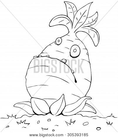 Stressed Root Vegetable Growing Funny Cartoon Line Drawing, Vector, Vertical, Over White