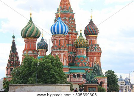 Cathedral On Red Square In Moscow, Russia. Architecture Details With Decorative Exterior And Ornamen