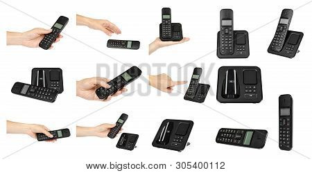 Hand With Black Office Phone, Set And Collection.