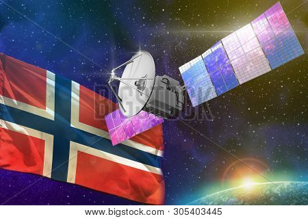 Satellite With Norway Flag, Space Communications Technology Concept - 3d Illustration