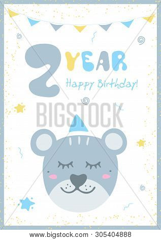 Kids Doodles Postcard With Bear. Happy Birthday Card.