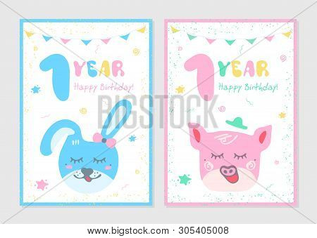 Set Of Kiids Doodles Postcard With Rabbit And Pig. Happy Birthday Cards.
