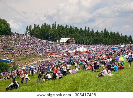 Sumuleu Ciuc, Romania- 08 June 2019: Crowd Of Catholic Pilgrims Celebrating The Pentecost.
