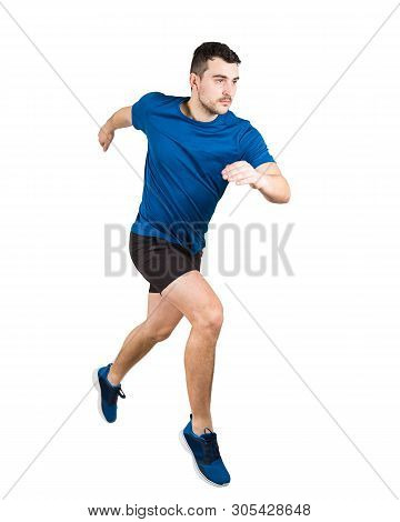 Full Length Of Determined Caucasian Man Athlete Fast Speed Running Isolated Over White Background. Y