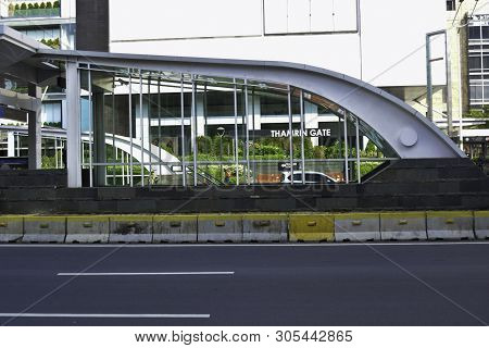 Jakarta, Indonesia, June 9 2019 : Modern Pedestrian Bridge Across The Road At M. H Thamrin Street In