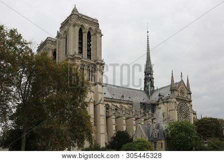 View Of Cathedral Of Notre Dame De Paris In France Before The Fire And The High Bell Tower