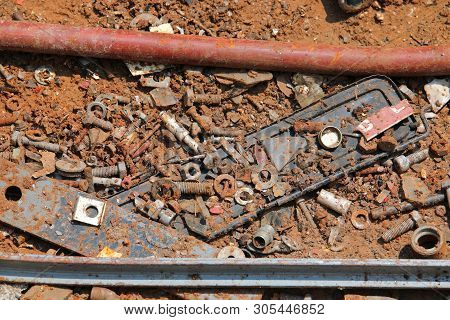 Many Broken Used Rusted Metal Objects In Recycling For The Recovery Of Iron Material