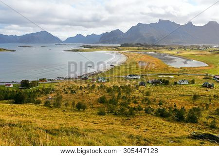 Beautiful Landscape At The Coast Of Fredvang On Lofoten Islands In Norway.