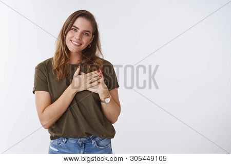 Romance, Feelings, Wellbeing Concept. Portrait Charming Sincere Charismatic Girlfriend Confessing Lo