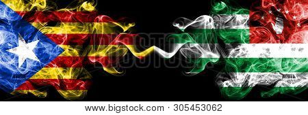 Catalonia Vs Abkhazia, Abkhazian Smoke Flags Placed Side By Side. Thick Colored Silky Smoke Flags Of