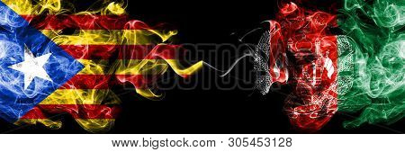 Catalonia Vs Afghanistan, Afghani Smoke Flags Placed Side By Side. Thick Colored Silky Smoke Flags O