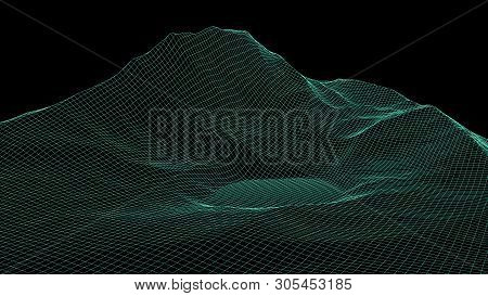 Vector Wireframe 3D Landscape. Technology Grid Illustration.