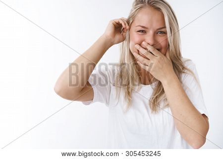 Girlfriend Laughing Over Clumsy Funny Boyfriend Chuckling And Smiling Covering Mouth Palm Put Hair S