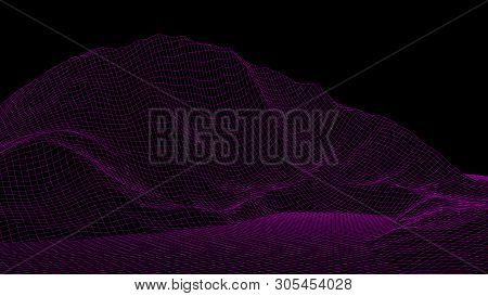 Vector Wireframe 3D Landscape. Technology Grid Illustration.