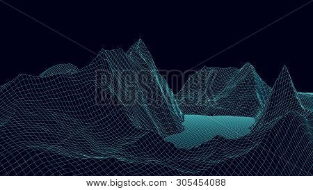 Vector Wireframe 3D Landscape. Technology Grid Illustration.