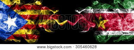 Catalonia Vs Suriname, Surinamese Smoke Flags Placed Side By Side. Thick Colored Silky Smoke Flags O