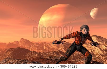 Scifi Woman On Alien Planet, 3d Illustration, 3d Rendering