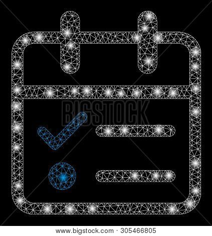 Bright Mesh Day Tasklist With Lightspot Effect. Abstract Illuminated Model Of Day Tasklist Icon. Shi