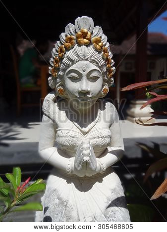 Sanur, Bali, Indonesia - 31th May 2018 : Beautiful White Stone Statue Of A Balinese Woman, Captured 
