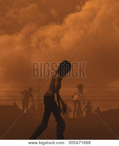 Zombies Horde In Badlands,post-apocalyptic Concept Ideas,3d Rendering