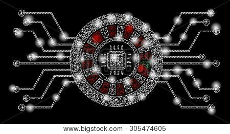 Bright Mesh Digital Casino Circuit With Lightspot Effect. Abstract Illuminated Model Of Digital Casi