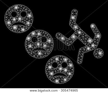 Bright Mesh Drop Down Sad User With Glow Effect. Abstract Illuminated Model Of Drop Down Sad User Ic