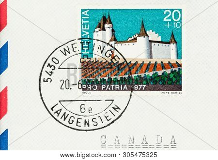 Seattle, Washington - June 4, 2019: Semi-postal Pro Patria Swiss Charity  Stamp Featuring Aigle Cast